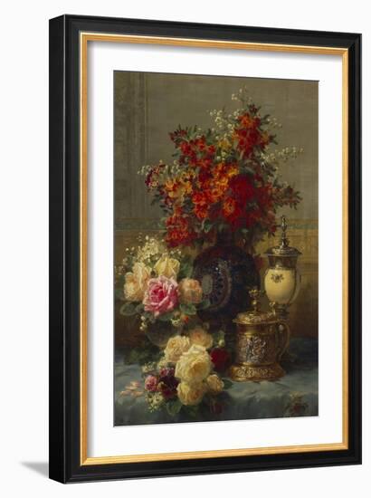 Roses, Anemones and Peonies, Strawberries, a Silver-Gilt Ostrich Egg Cup and a German Gold-Gilt…-Jean Baptiste Claude Robie-Framed Giclee Print