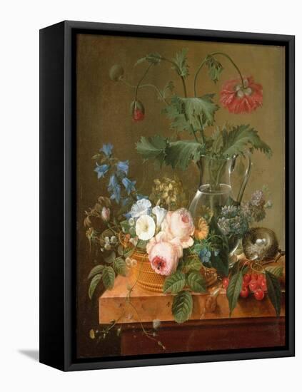 Roses, Anemones in a Glass Vase, Other Flowers, Cherries and a Birdnest-Pierre Puvis de Chavannes-Framed Premier Image Canvas