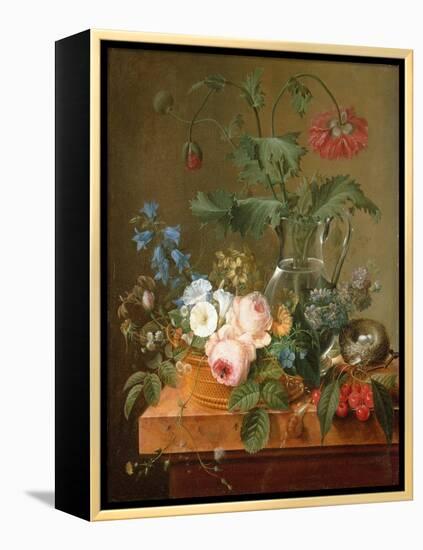 Roses, Anemones in a Glass Vase, Other Flowers, Cherries and a Birdnest-Pierre Puvis de Chavannes-Framed Premier Image Canvas