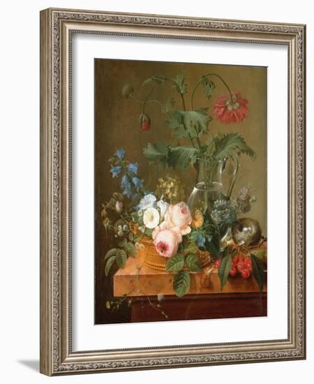 Roses, Anemones in a Glass Vase, Other Flowers, Cherries and a Birdnest-Pierre Puvis de Chavannes-Framed Giclee Print