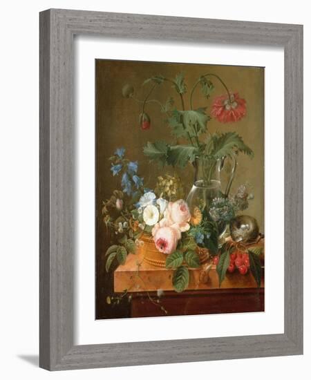 Roses, Anemones in a Glass Vase, Other Flowers, Cherries and a Birdnest-Pierre Puvis de Chavannes-Framed Giclee Print