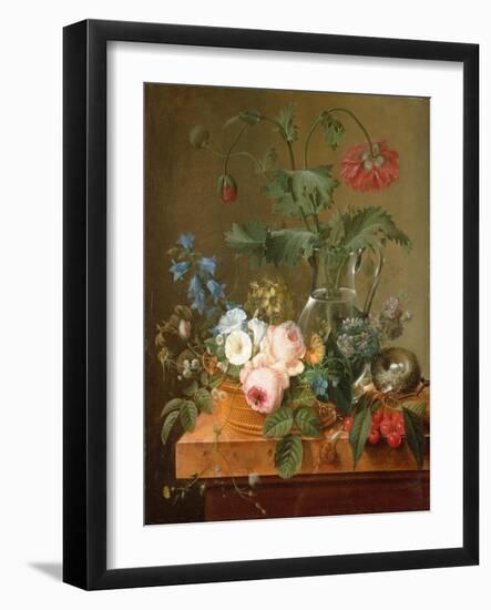 Roses, Anemones in a Glass Vase, Other Flowers, Cherries and a Birdnest-Pierre Puvis de Chavannes-Framed Giclee Print