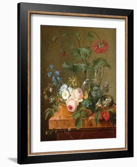 Roses, Anemones in a Glass Vase, Other Flowers, Cherries and a Birdnest-Pierre Puvis de Chavannes-Framed Giclee Print