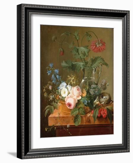 Roses, Anemones in a Glass Vase, Other Flowers, Cherries and a Birdnest-Pierre Puvis de Chavannes-Framed Giclee Print