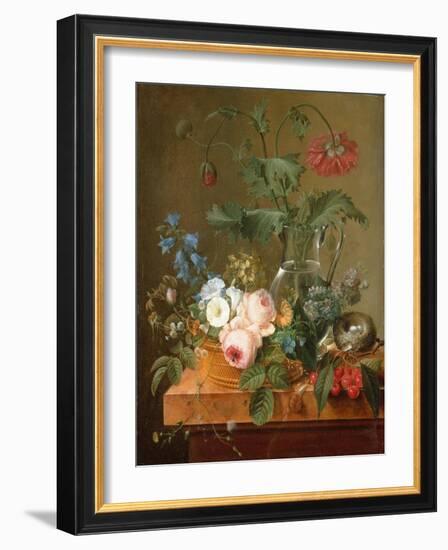 Roses, Anemones in a Glass Vase, Other Flowers, Cherries and a Birdnest-Pierre Puvis de Chavannes-Framed Giclee Print
