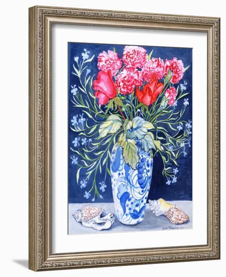 Roses, Carnations and Lobelia in a Blue and White Vase,3 Shells Textiles 2011-Joan Thewsey-Framed Giclee Print