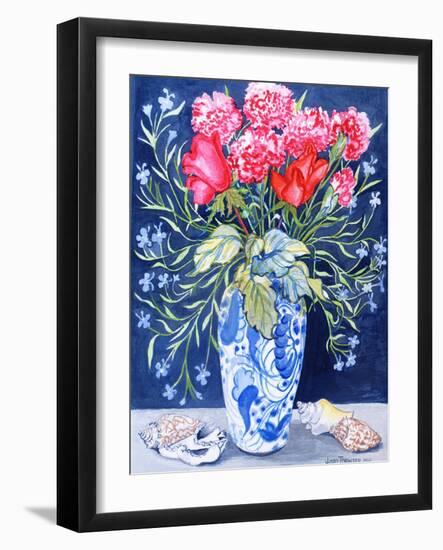Roses, Carnations and Lobelia in a Blue and White Vase,3 Shells Textiles 2011-Joan Thewsey-Framed Giclee Print