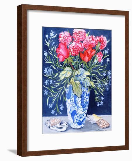 Roses, Carnations and Lobelia in a Blue and White Vase,3 Shells Textiles 2011-Joan Thewsey-Framed Giclee Print