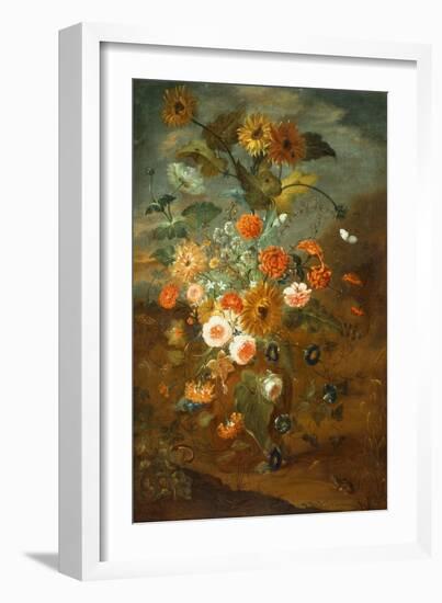 Roses, Carnations, Sunflowers in a Vase with Butterflies, Frogs, Insects-Rachel Ruysch-Framed Giclee Print