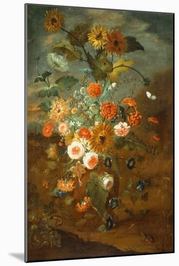 Roses, Carnations, Sunflowers in a Vase with Butterflies, Frogs, Insects-Rachel Ruysch-Mounted Giclee Print