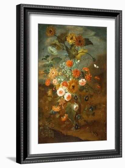 Roses, Carnations, Sunflowers in a Vase with Butterflies, Frogs, Insects-Rachel Ruysch-Framed Giclee Print