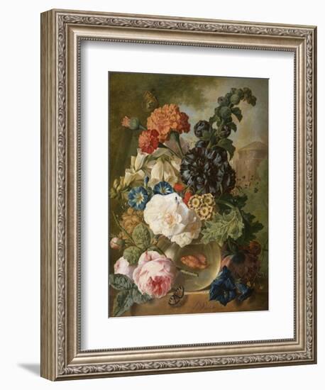 Roses, Chrysanthemums, Peonies and Other Flowers in a Glass Vase with Goldfish on a Stone Ledge-Jan van Os-Framed Giclee Print