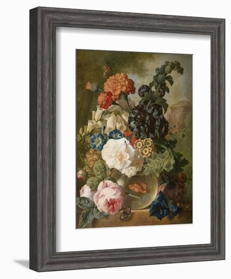 Roses, Chrysanthemums, Peonies and Other Flowers in a Glass Vase with Goldfish on a Stone Ledge-Jan van Os-Framed Giclee Print