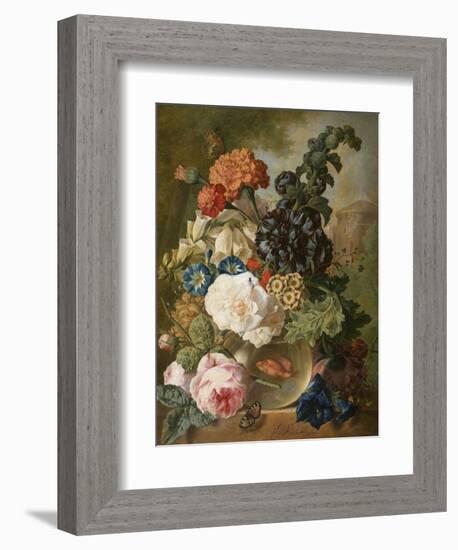 Roses, Chrysanthemums, Peonies and Other Flowers in a Glass Vase with Goldfish on a Stone Ledge-Jan van Os-Framed Giclee Print