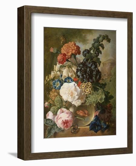 Roses, Chrysanthemums, Peonies and Other Flowers in a Glass Vase with Goldfish on a Stone Ledge-Jan van Os-Framed Giclee Print