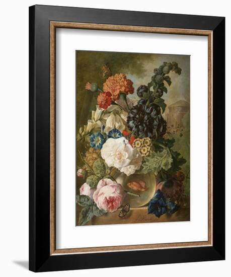 Roses, Chrysanthemums, Peonies and Other Flowers in a Glass Vase with Goldfish on a Stone Ledge-Jan van Os-Framed Giclee Print