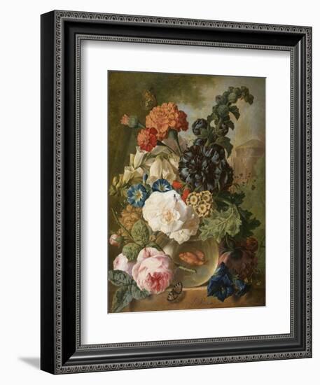 Roses, Chrysanthemums, Peonies and Other Flowers in a Glass Vase with Goldfish on a Stone Ledge-Jan van Os-Framed Giclee Print