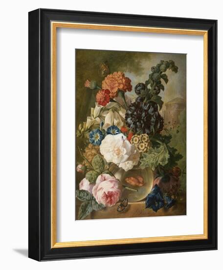 Roses, Chrysanthemums, Peonies and Other Flowers in a Glass Vase with Goldfish on a Stone Ledge-Jan van Os-Framed Giclee Print