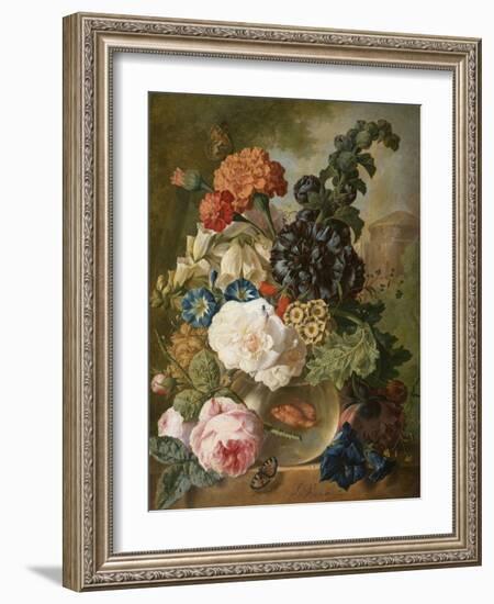 Roses, Chrysanthemums, Peonies and Other Flowers in a Glass Vase with Goldfish on a Stone Ledge-Jan van Os-Framed Giclee Print