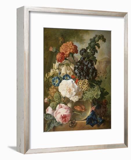 Roses, Chrysanthemums, Peonies and Other Flowers in a Glass Vase with Goldfish on a Stone Ledge-Jan van Os-Framed Giclee Print