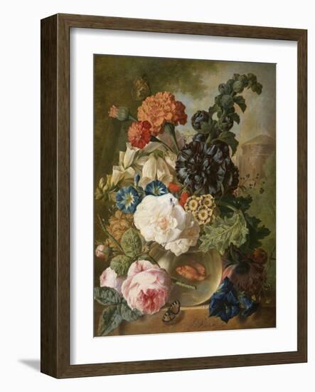 Roses, Chrysanthemums, Peonies and Other Flowers in a Glass Vase with Goldfish on a Stone Ledge-Jan van Os-Framed Giclee Print