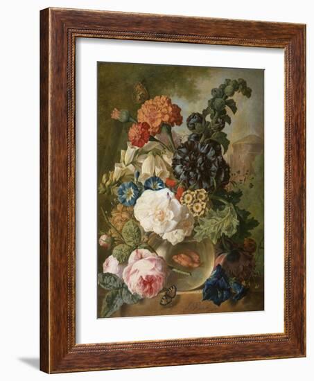 Roses, Chrysanthemums, Peonies and Other Flowers in a Glass Vase with Goldfish on a Stone Ledge-Jan van Os-Framed Giclee Print