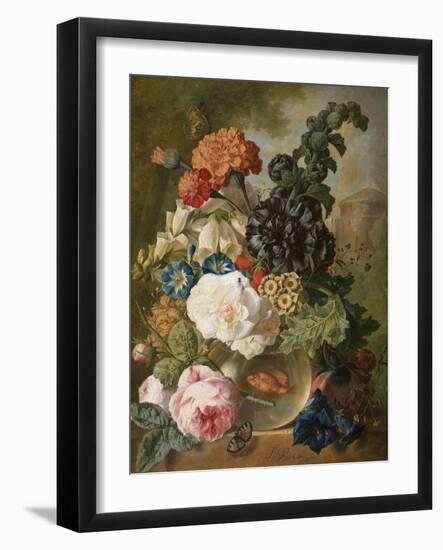 Roses, Chrysanthemums, Peonies and Other Flowers in a Glass Vase with Goldfish on a Stone Ledge-Jan van Os-Framed Giclee Print