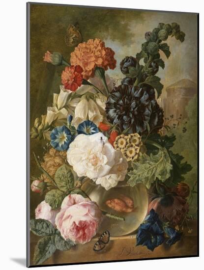 Roses, Chrysanthemums, Peonies and Other Flowers in a Glass Vase with Goldfish on a Stone Ledge-Jan van Os-Mounted Giclee Print
