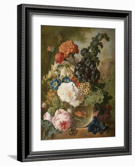 Roses, Chrysanthemums, Peonies and Other Flowers in a Glass Vase with Goldfish on a Stone Ledge-Jan van Os-Framed Giclee Print