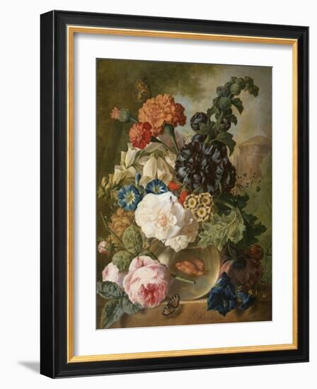 Roses, Chrysanthemums, Peonies and Other Flowers in a Glass Vase with Goldfish on a Stone Ledge-Jan van Os-Framed Giclee Print