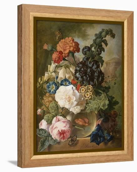 Roses, Chrysanthemums, Peonies and Other Flowers in a Glass Vase with Goldfish on a Stone Ledge-Jan van Os-Framed Premier Image Canvas