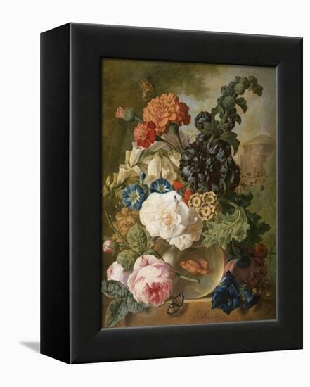 Roses, Chrysanthemums, Peonies and Other Flowers in a Glass Vase with Goldfish on a Stone Ledge-Jan van Os-Framed Premier Image Canvas