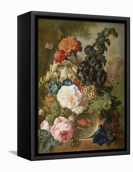 Roses, Chrysanthemums, Peonies and Other Flowers in a Glass Vase with Goldfish on a Stone Ledge-Jan van Os-Framed Premier Image Canvas