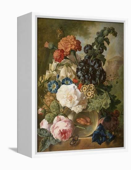 Roses, Chrysanthemums, Peonies and Other Flowers in a Glass Vase with Goldfish on a Stone Ledge-Jan van Os-Framed Premier Image Canvas