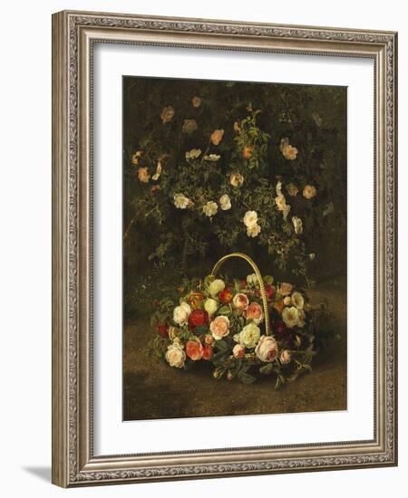 Roses in a Basket Beside a Rose Bush, 1846-Johan Laurentz Jensen-Framed Giclee Print