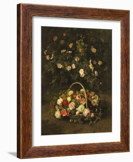 Roses in a Basket Beside a Rose Bush, 1846-Johan Laurentz Jensen-Framed Giclee Print