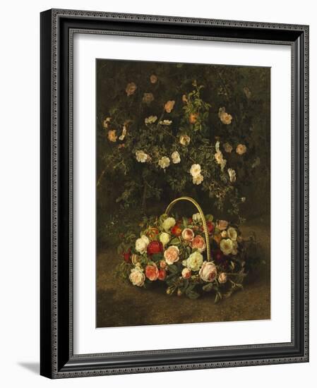 Roses in a Basket Beside a Rose Bush, 1846-Johan Laurentz Jensen-Framed Giclee Print