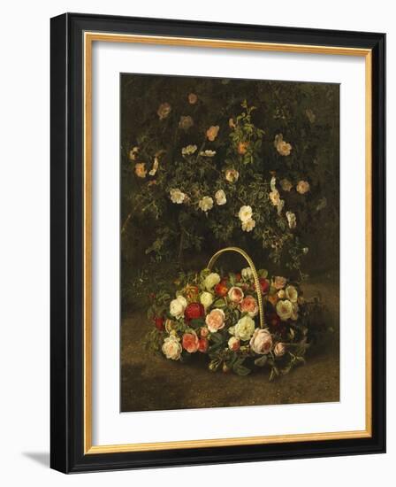 Roses in a Basket Beside a Rose Bush, 1846-Johan Laurentz Jensen-Framed Giclee Print