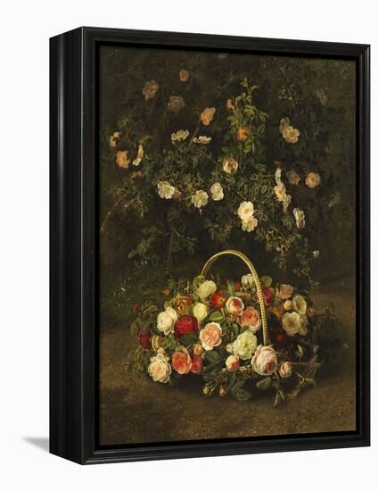 Roses in a Basket Beside a Rose Bush, 1846-Johan Laurentz Jensen-Framed Premier Image Canvas