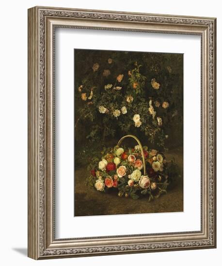 Roses in a Basket Beside a Rose Bush, 1846-Johan Laurentz Jensen-Framed Premium Giclee Print