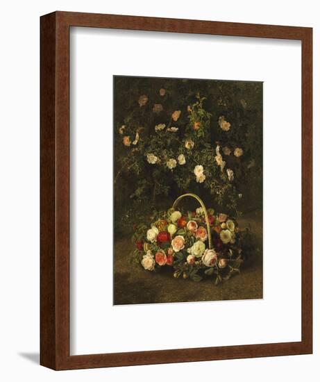 Roses in a Basket Beside a Rose Bush, 1846-Johan Laurentz Jensen-Framed Premium Giclee Print