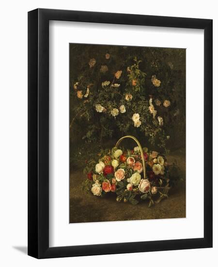 Roses in a Basket Beside a Rose Bush, 1846-Johan Laurentz Jensen-Framed Premium Giclee Print