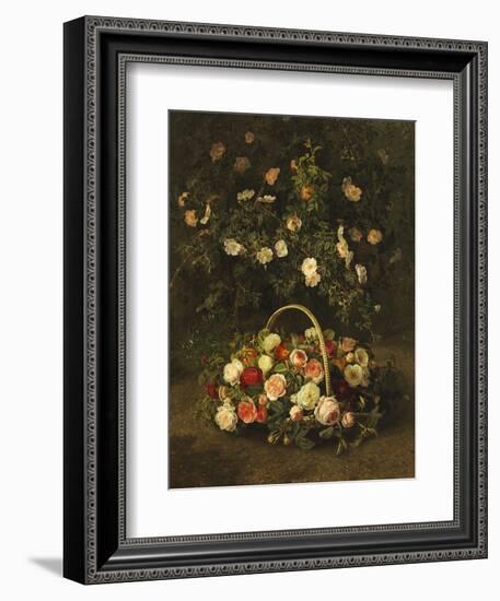 Roses in a Basket Beside a Rose Bush, 1846-Johan Laurentz Jensen-Framed Premium Giclee Print