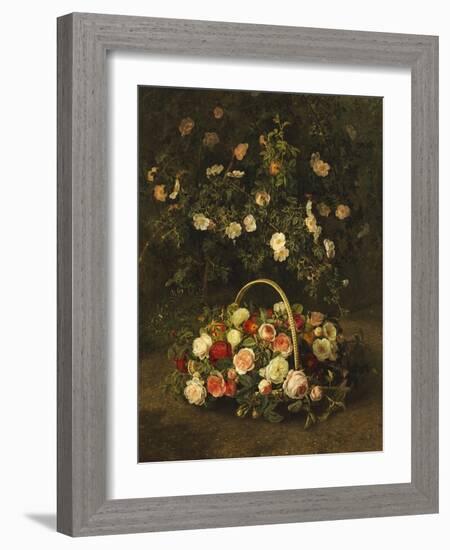 Roses in a Basket Beside a Rose Bush, 1846-Johan Laurentz Jensen-Framed Giclee Print