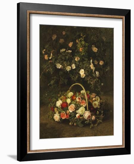 Roses in a Basket Beside a Rose Bush, 1846-Johan Laurentz Jensen-Framed Giclee Print