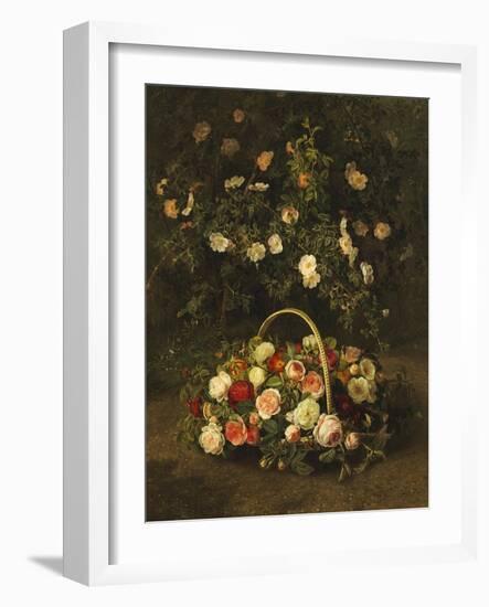 Roses in a Basket Beside a Rose Bush, 1846-Johan Laurentz Jensen-Framed Giclee Print