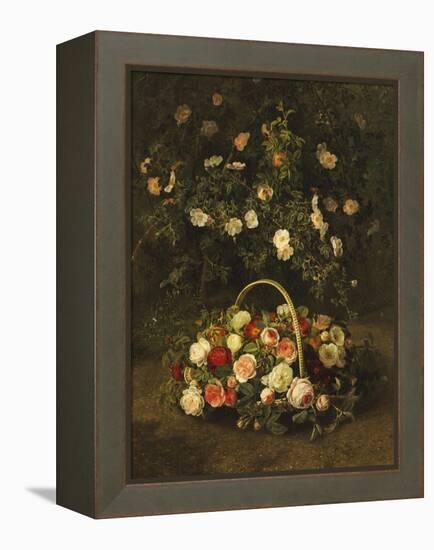 Roses in a Basket Beside a Rose Bush, 1846-Johan Laurentz Jensen-Framed Premier Image Canvas