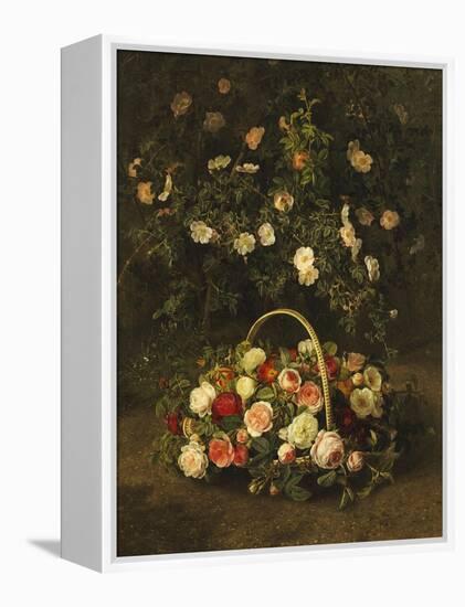 Roses in a Basket Beside a Rose Bush, 1846-Johan Laurentz Jensen-Framed Premier Image Canvas