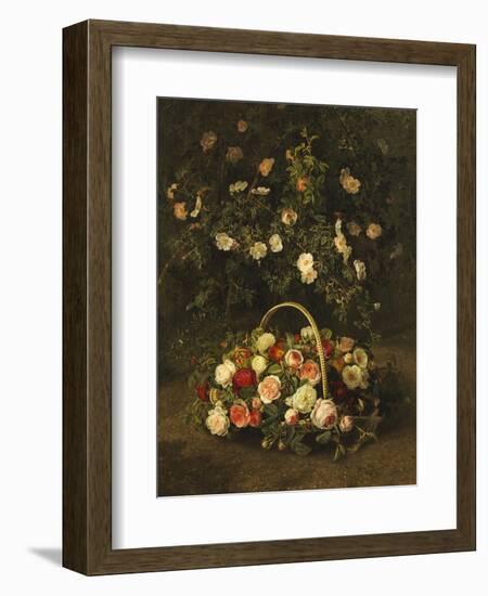 Roses in a Basket Beside a Rose Bush, 1846-Johan Laurentz Jensen-Framed Giclee Print