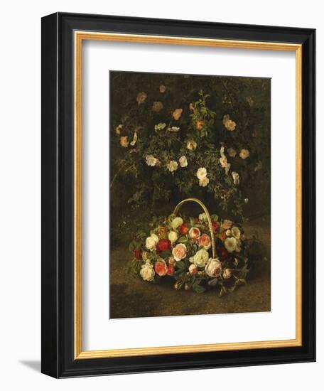 Roses in a Basket Beside a Rose Bush, 1846-Johan Laurentz Jensen-Framed Giclee Print